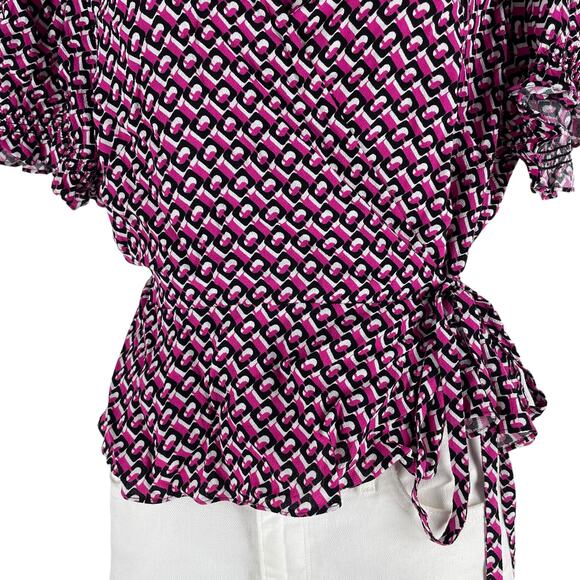 Diane von Furstenberg Emilia 3D Chain Printed Wrap Top Pink Size 16 - Picture 7 of 12